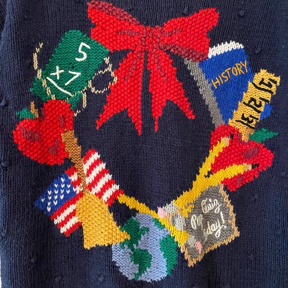 Vintage Knit Teacher Sweater Women's size Medium Navy Blue Red Math History - Picture 4 of 10